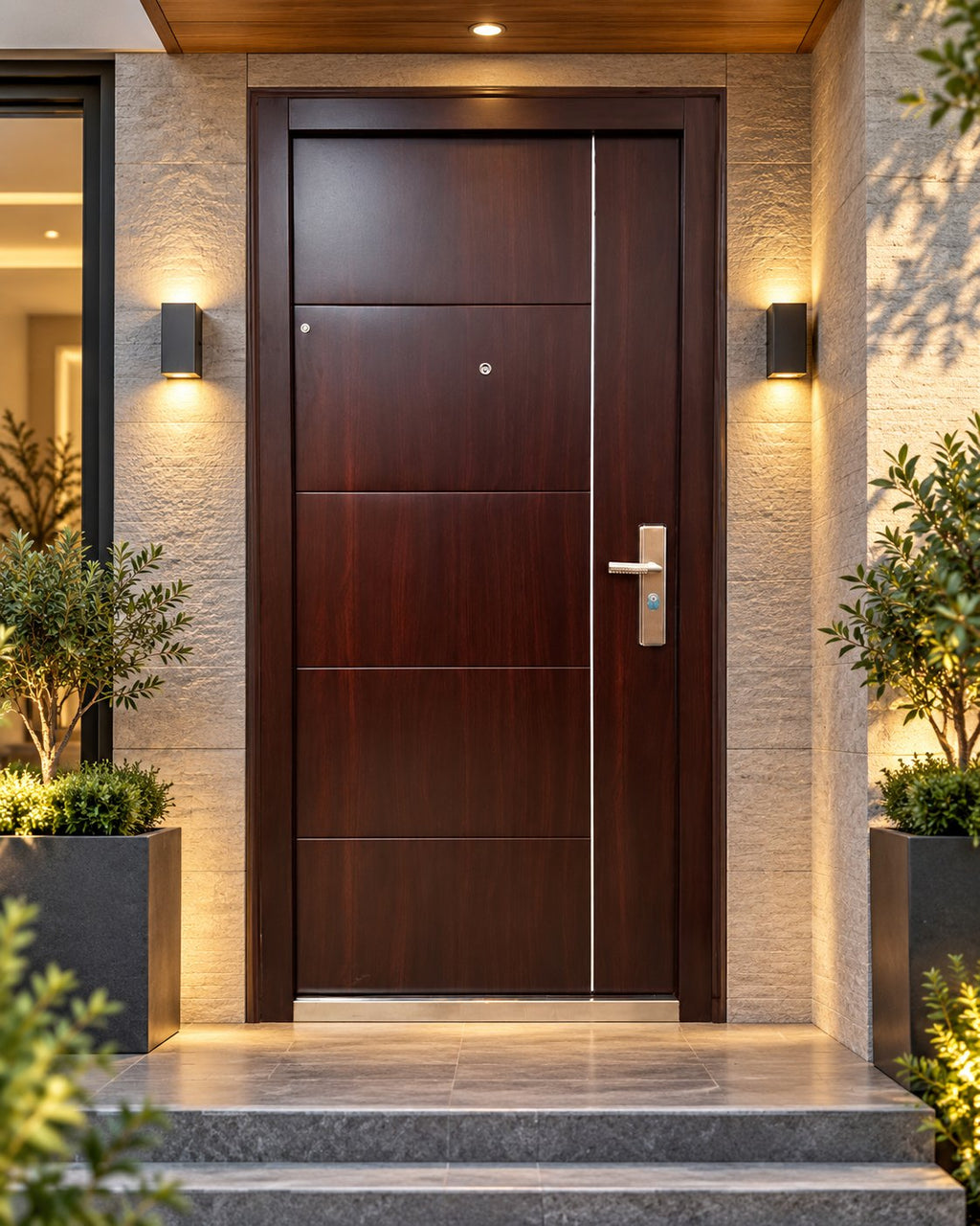 Puerta Blindo marrón en el frente de una casa